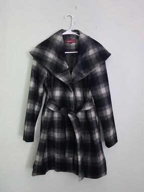 Merona Black & White Plaid Wool Blend Pea Coat